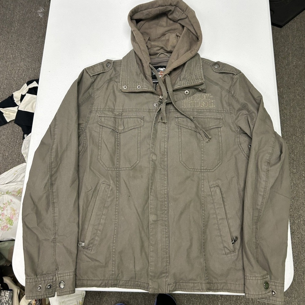 Harley-Davidson Field Jacket Mens Medium Olive Green Removable Hood Cotton E3